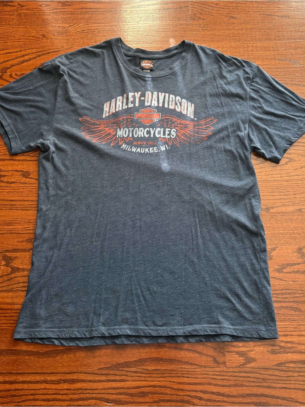 Vintage Harley-Davidson Navy Short Sleeve Tee with Orange Winged Logo